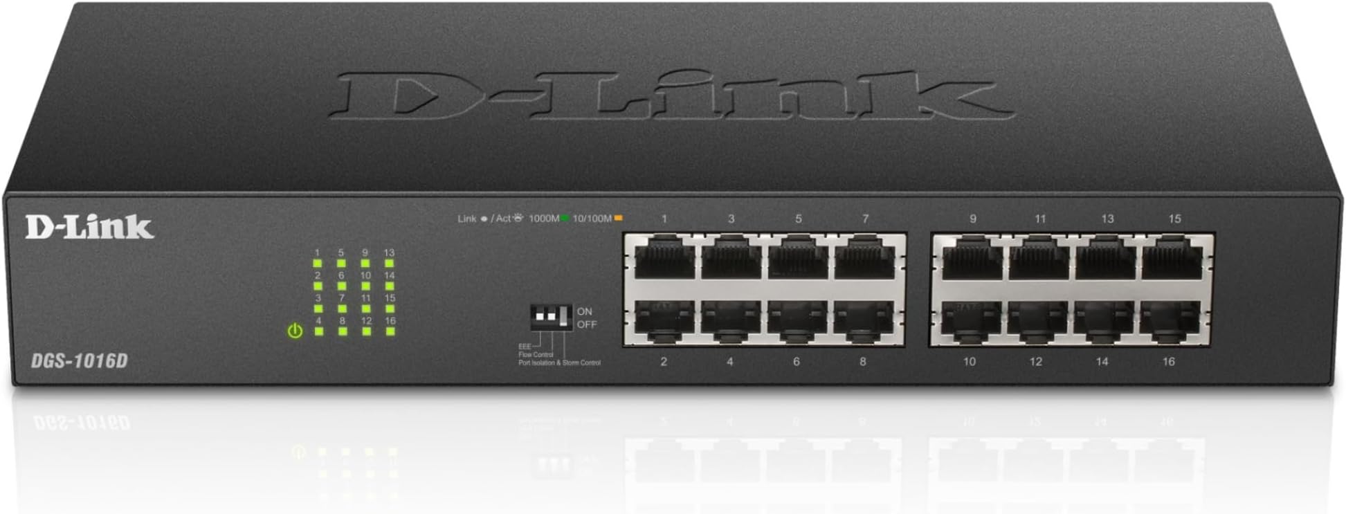 D-Link DGS-1016D 16-Port Green Ethernet Copper Gigabit Switch, Hub, Internet Splitter, Metal, Fanless, Plug and Play - UK Model, black DGS-1016D
