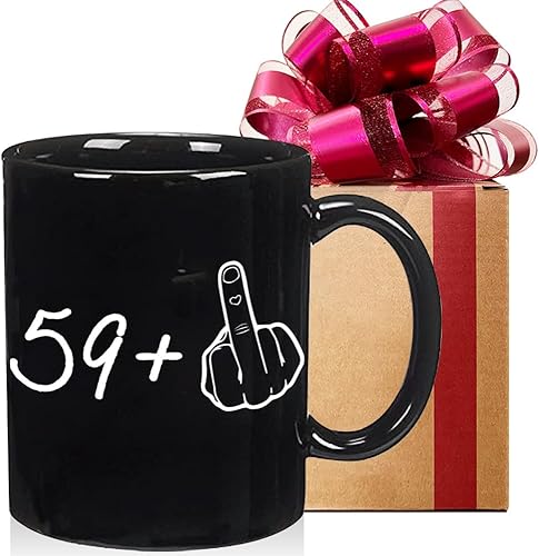 Divertida taza de café con el dedo medio 59 + 1, divertida taza de 60 cumpleaños, regalos para mujeres, hombres, papá, mamá, marido, esposa, abuela,