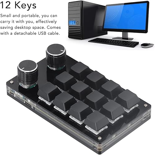 Miniatura 3 de Diyeeni Teclado mecánico macro de 12 teclas, teclado programable con 2 perillas, teclado portátil totalmente programable con una mano, teclado para