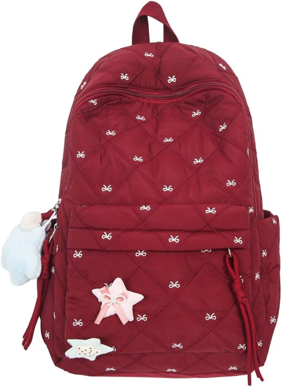 Women's Quilted Cute Aesthetic Backpack Bow Print Lightweight Puffer Laptop Book Bag for College Travel Daypack (White)