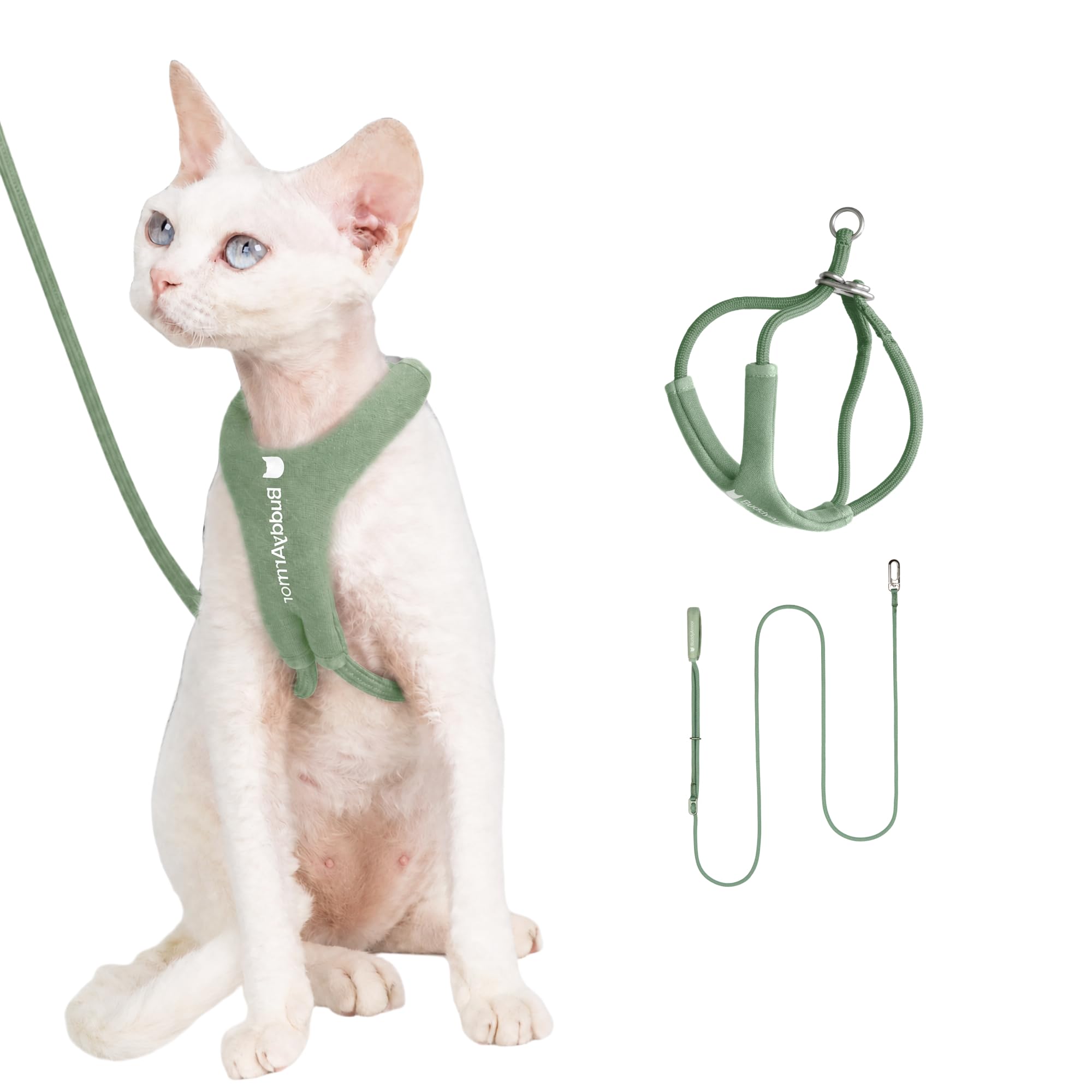 Set di pettorina e guinzaglio per gatti, a prova di fuga, a forma di Y, regolabile, anti-soffocamento, morbida e imbottita, per tenere le mani libere, per gattini ≤ 22 libbre (oliva, S)