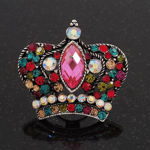 Avalaya 40mm Across/Large Multicoloured Crystal Crown Ring/Aged Silver Tone/Adjustable/Size 7/9, red, olive, green, teal, fuchsia, pink - Image 3