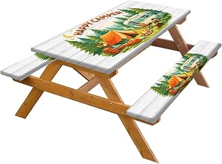 Fitted Waterproof Picnic Table Cover with Bench Covers 3PCS Set, Windproof Elastic Edges Rectangle Camping Tablecloth for Travel RV, Patio Outdoor Essentials with Drawstring Bag 30X72IN