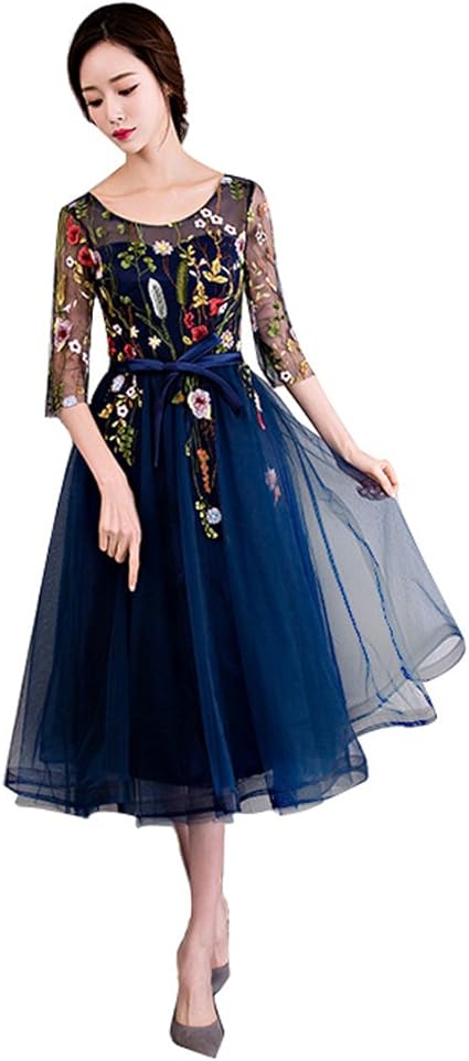 Amazon ダークブルー 袖あり 演奏会 発表会 刺繍 レース ウェディングドレス 超豪華なロングドレス 高級ウエディングドレス イブニング ドレス 通販