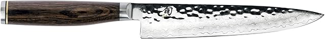 Shun Utility Knife Premiere Series 6 Inch Multipurpose Damascus Clad, Hammered Tsuchime Steel Blade, Professional Quality - Walnut/Stainless Steel