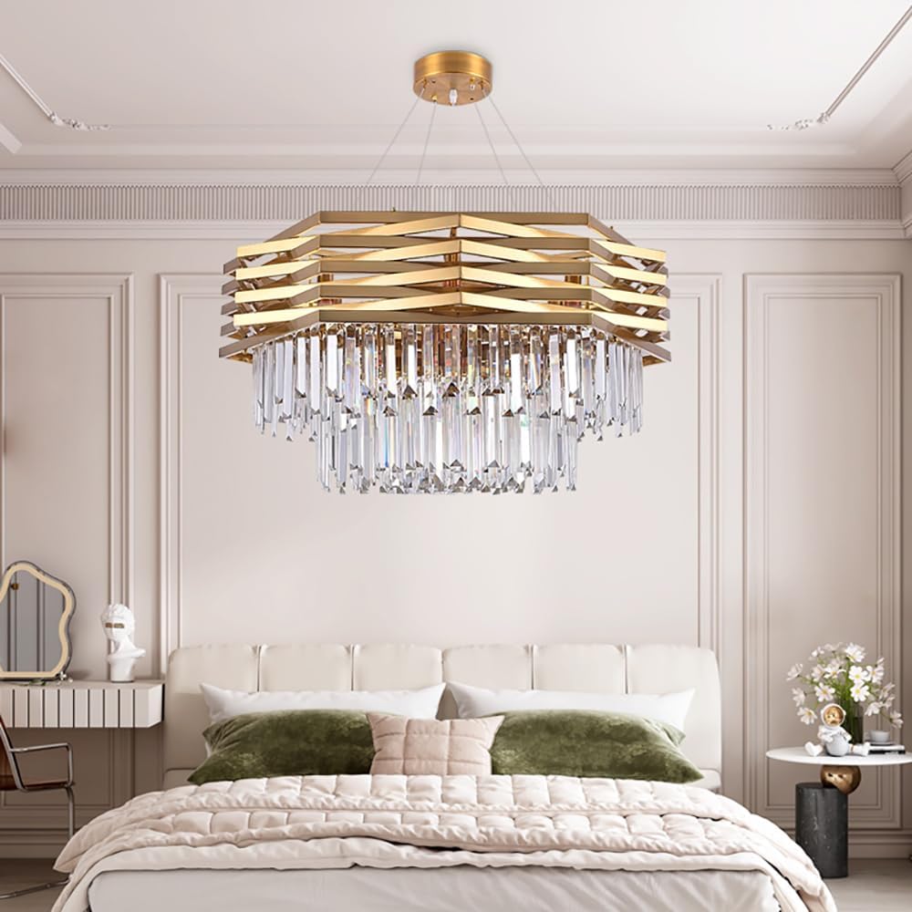 Modern Crystal Chandelier,32 inch Pendant Light Fixture Gold Ceiling Lights Flush Mount for Bedroom Living Room Dining Indoor Lighting,Hanging Lamp Adjustable Close to Ceiling Light,Included Bulb