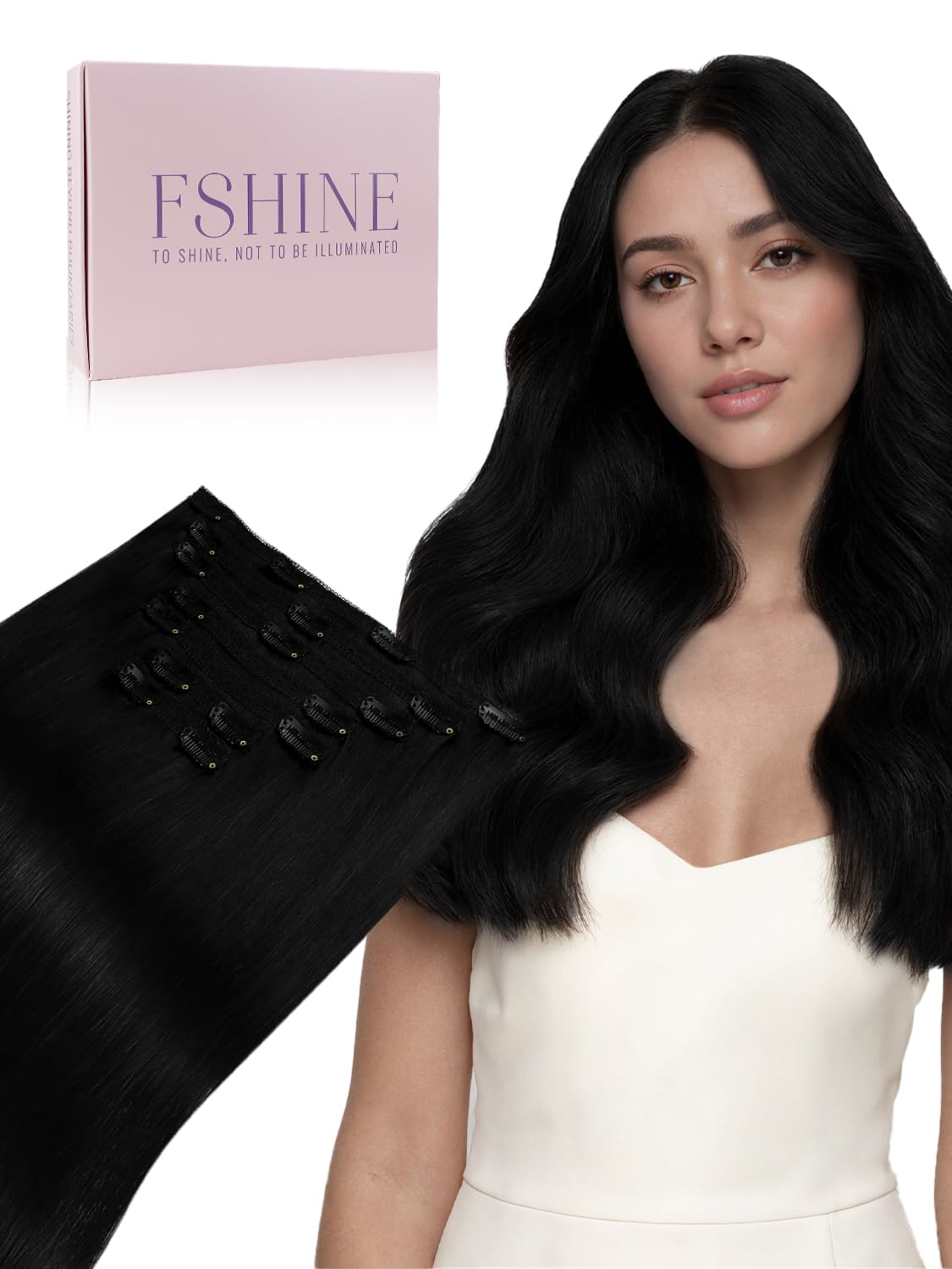 Fshine Extension di veri capelli umani con clip, colore nero corvino, 7 pezzi/120 g, lisci e setosi, 40,6 cm