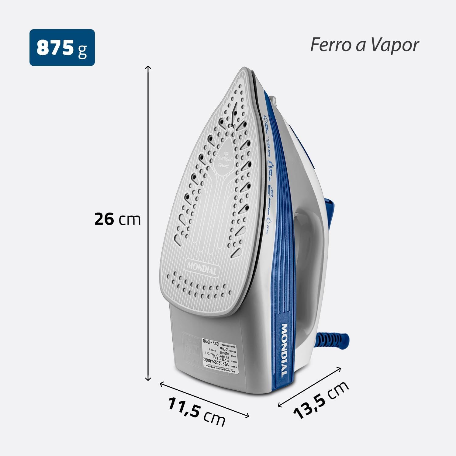 Steam Iron, Mondial, White/Blue, 1200W, 127V - FVN-01-BL