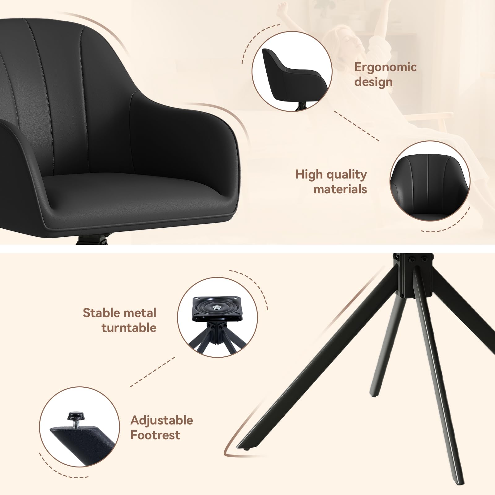 Hawthyhome Esszimmerstühle drehbar 2er Set mit Armlehne | Polsterstuhl mit 5 cm Kissen & Metallbeinen | Moderner Küchenstuhl für Esszimmer, Wohnzimmer, Büro • PU Leder/Schwarz