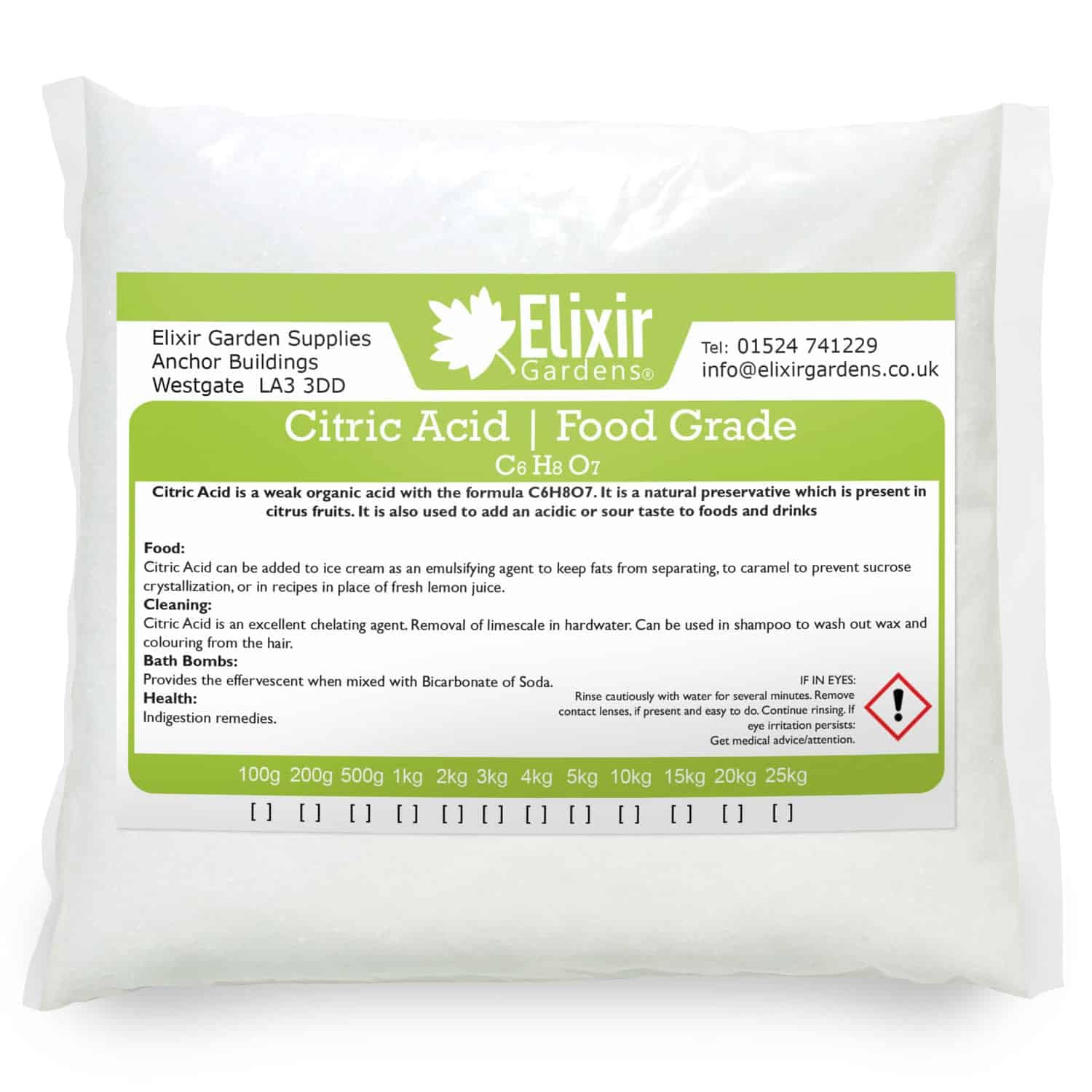 Elixir Gardens Pure Citric Acid | 4kg | Anhydrous Fine | for Use with Bath Bombs, Cleaning, descaling, Preservative, Cooking, Nutrient, Elderflower, Food Grade | Available Quantities 250g - 25kg