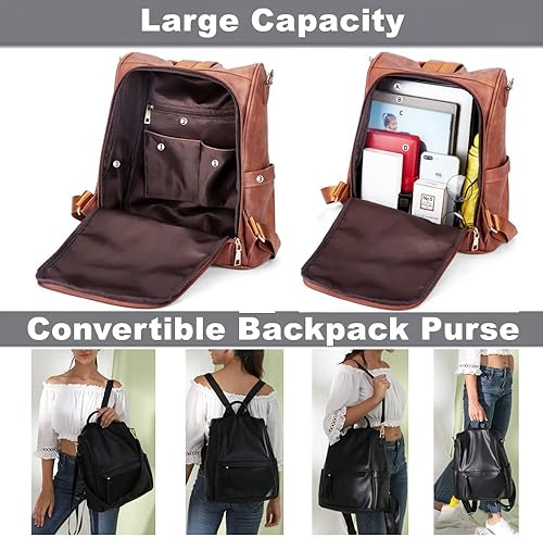 Miniatura 3 de Oyifan Mochila de cuero para mujer, bolsa convertible, mochila de viaje, Tamaño medio Vintage Marrón, Mochilas de viaje