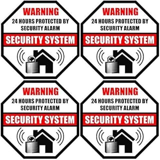 Printed on Adhesive Side, Outdoor/Indoor (4 Pack) 3.5" X 3.5" - 24 Hour Protected by Security Burglar Alarm System - Glass Window Door Caution Warning Sign Label Sticker Decal - Front Adhesive Vinyl