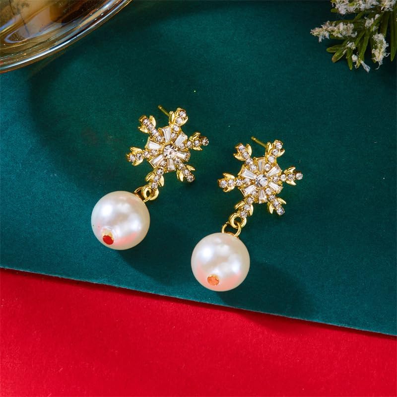 Christmas Snowflake Earrings For Women Dainty Sparkly Cz Snowflake Pendant Stud Earrings Winter Pearl Snowflakes Statement Earring Christmas Holiday Party Jewelry For Women - Image 5