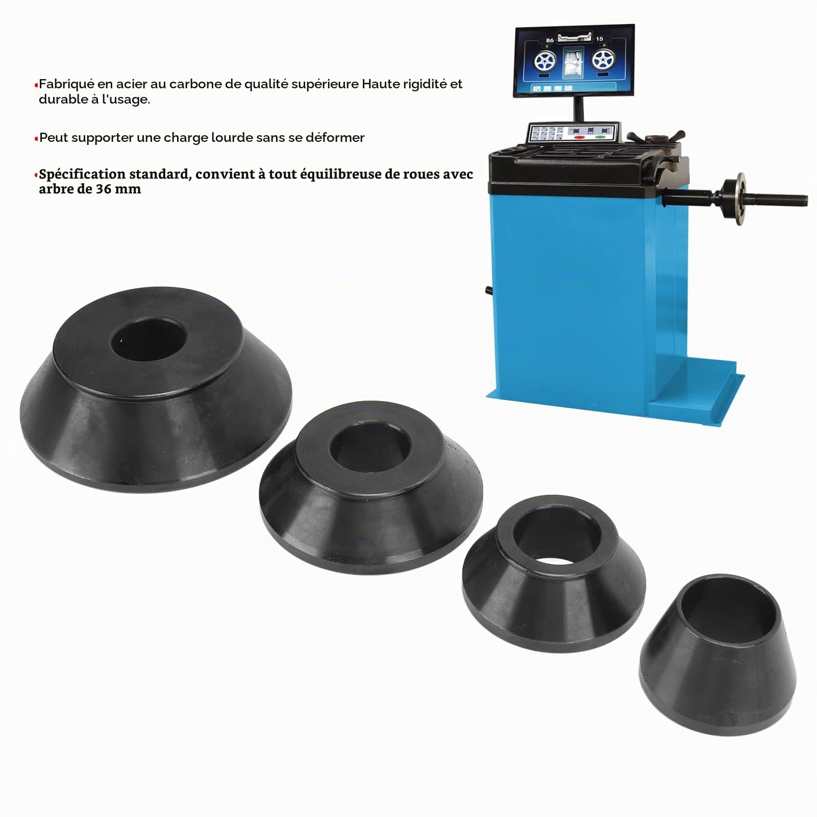 Fydun Équilibreuse de Roue, 4 Pièces Jeu de Cônes Coniques Standard Acier Carbone 36 Mm Outil de Réparation de Pneus de Diamètre d'arbre pour Voiture/Camion/SUV