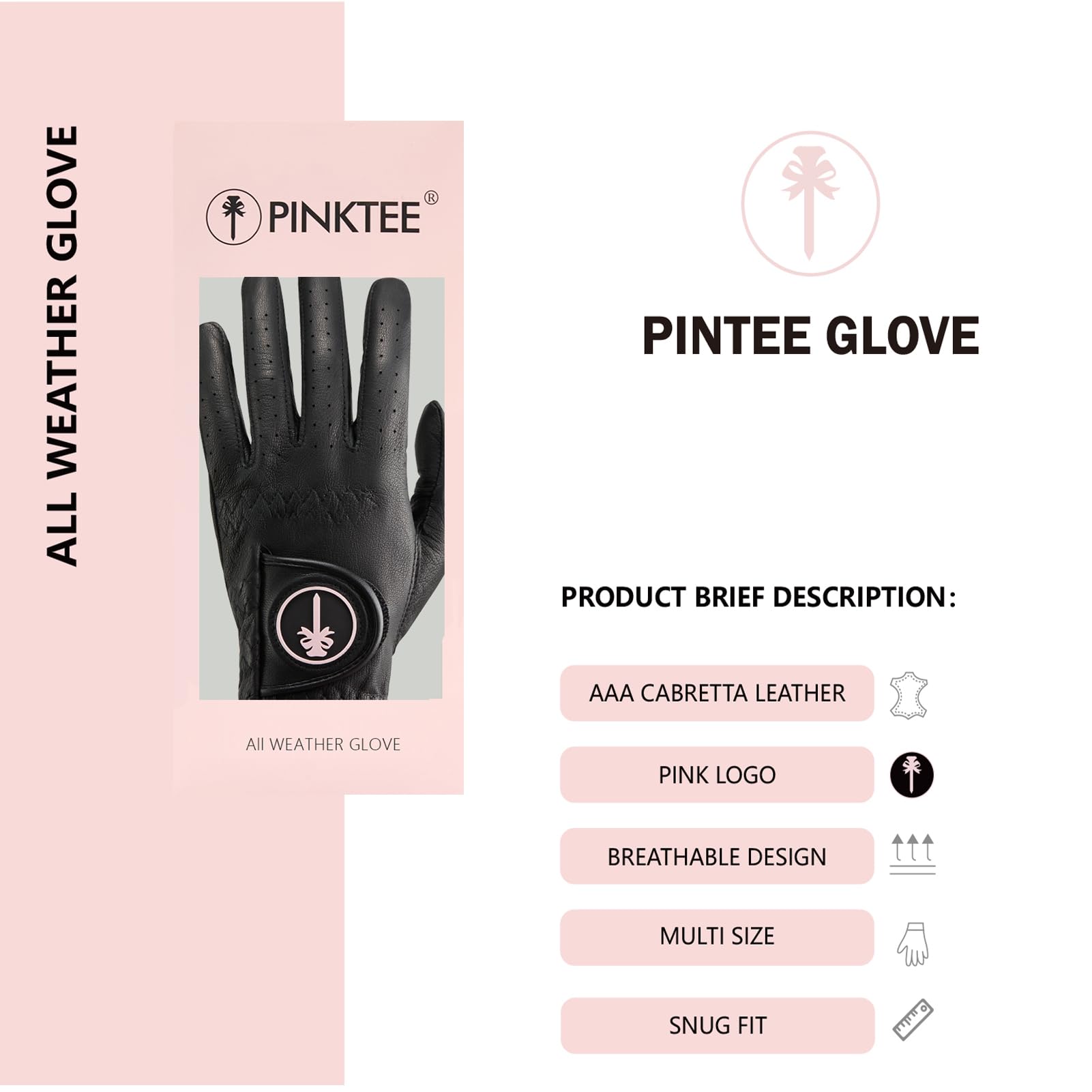 Pinktee Damen-Golfhandschuh, Premium-Cabretta-Leder, linke Hand, Allwetter-Griff, elastisches Armband