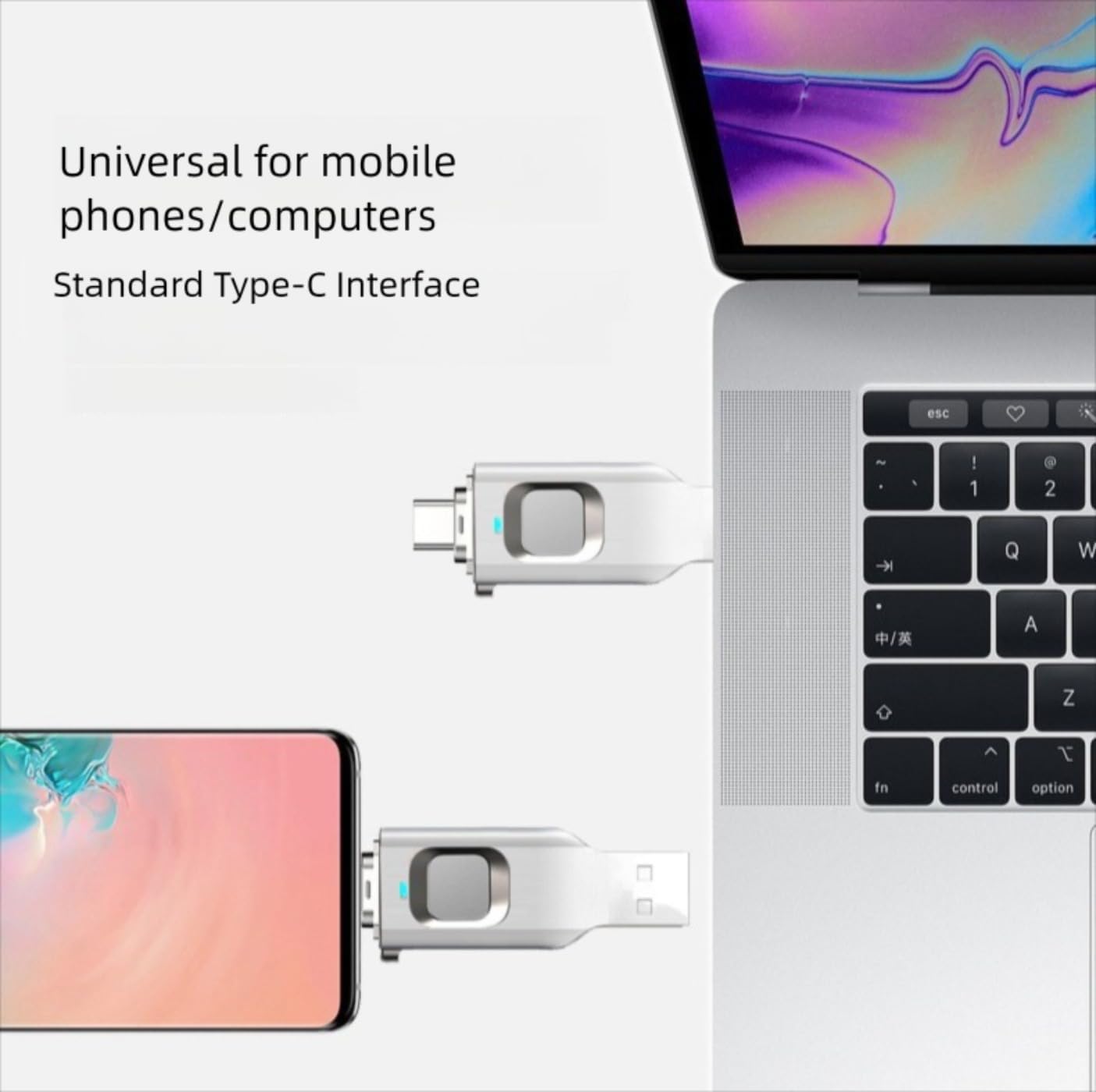 64 GB/128 GB szyfrowany czytnik linii papilarnych USB-C Flash Drive USB 3.0 (128 GB) | Podwójny interfejs, pamięć z podwójną przegrodą, kompatybilność z telefonem i komputerem, brelok w zestawie, szybki transfer