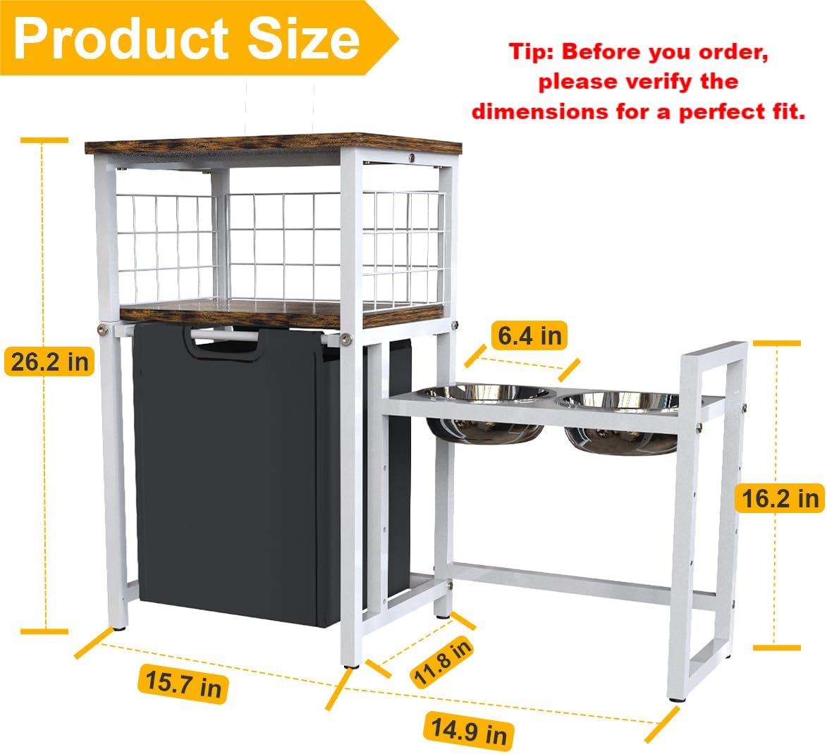 30.6Long x 26.2 High Elevated Dog Bowl Stand with Pet Food Storage Organizer, Adjustable Raised Feeding Station with Toy Basket for Large Medium Small Dogs and Cats, White