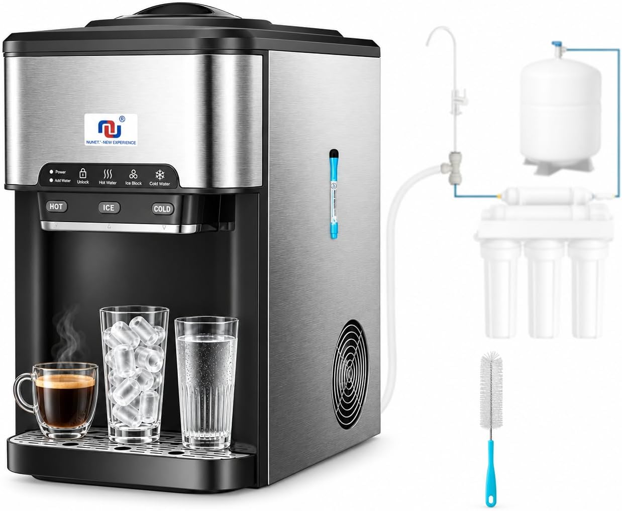 NUNET 3-in-1 Water Dispenser Ice Maker Countertop Hot Cold Cooler 44lbs
