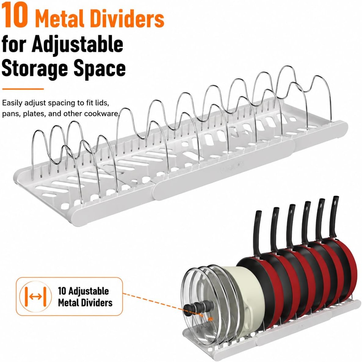 Expandable Pots and Pans Organizer Under Cabinet, Pan Organizer Rack with 9 Adjustable Slots, Pot Lid Holder for Cabinet, Countertop, Plates, Cutting Boards, Baking Sheets-White