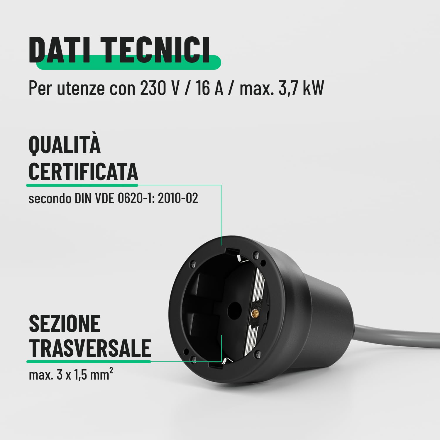 greate Spina di contatto di messa a terra, accoppiamento - Spina di contatto di messa a terra in gomma - Accoppiamento con protezione antipiega, 2 poli, 250V, 16A, 3,7kW, IP44