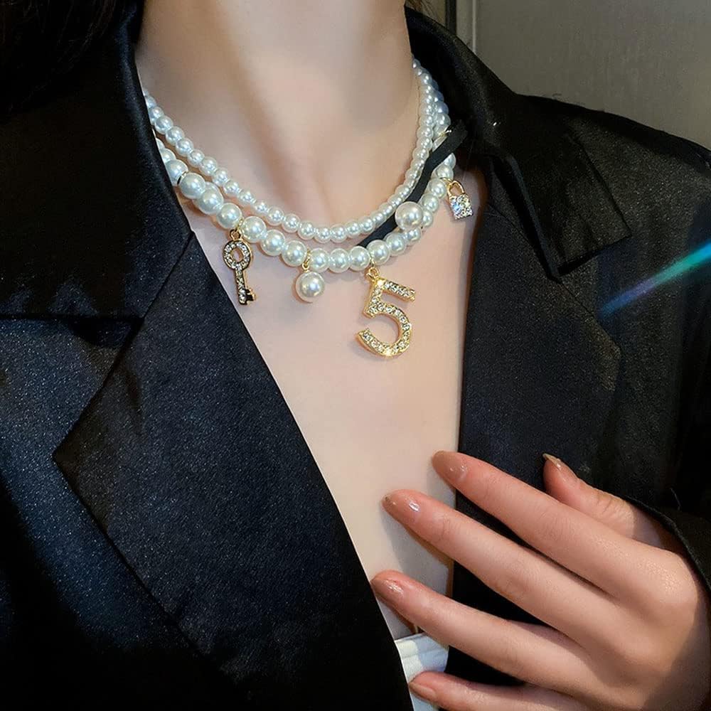 Dainty Simulated Pearls Choker Layered Pearl Necklace Rhinestone Number 5 Dangle Necklace for Women Party Jewelry Gifts - Image 6