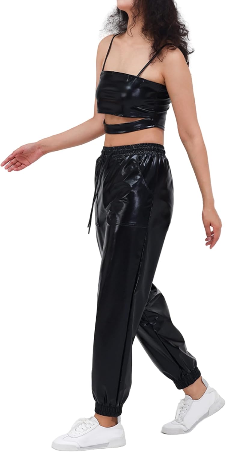 Women's Shiny Metallic Pants Wet Look Hip Hop Jogger Sweatpants Holographic Glitter Pants Rave Dance Pants with Pockets - Image 4