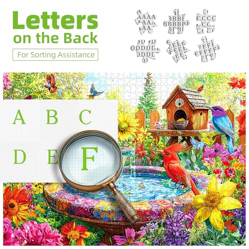 Image of Garden Birds 500 Piece Puzzles for Adults: Vibrant Spring Flower Birdbath Jigsaw Puzzles 500 Pieces, 23x15 Inch 500 Piece Puzzle Adult, Puzzles for Seniors & Adults Entertainment