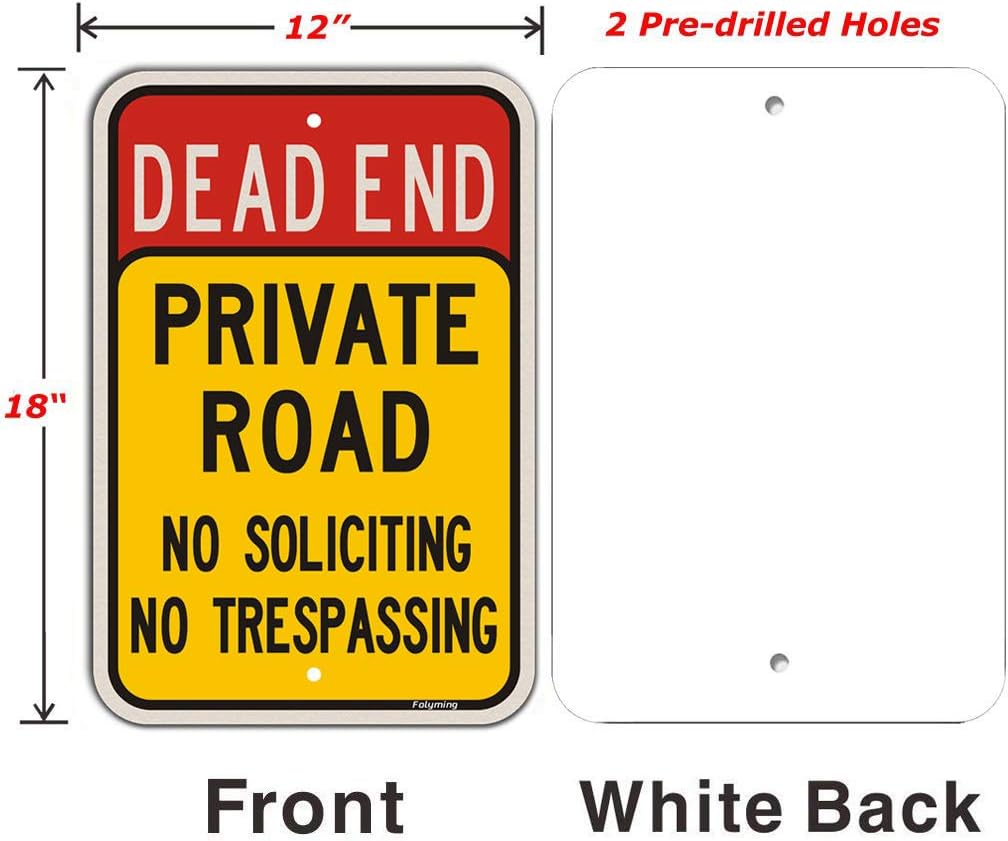2 Pack Dead End Private Road No Trespassing No Soliciting Sign 18 x 12 Inches Private Driveway Sign Metal Reflective Sturdy Rust Aluminum Waterproof Easy to Install