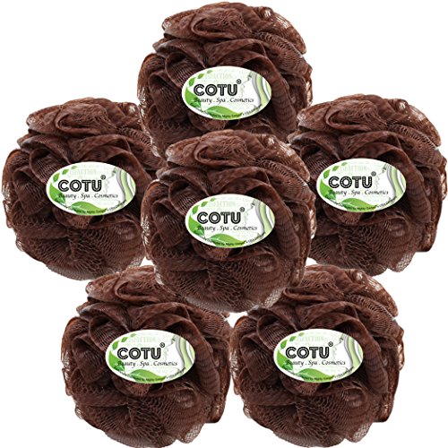 6 Pack of COTU Brand Large Exfoliating Bath Shower Mesh Pouf Sponge (Brown Color)