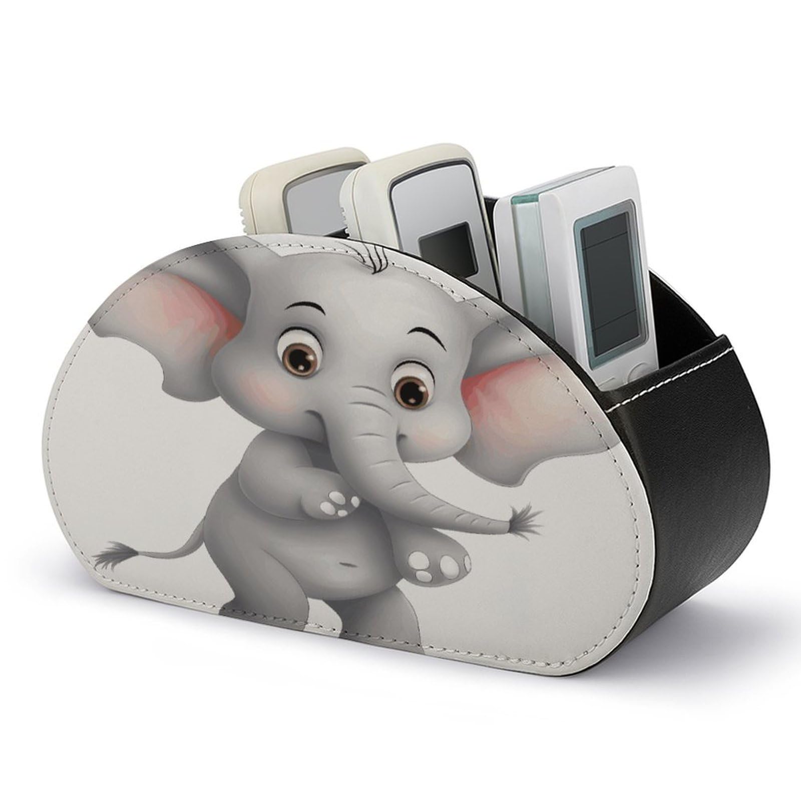 JTREHY Cute Elephant Remote Holder with 5 Compartments PU Leather Remote Caddy Box Multifunction Desk Holder Organizer Box Tray Bedside Table Storage Organizer