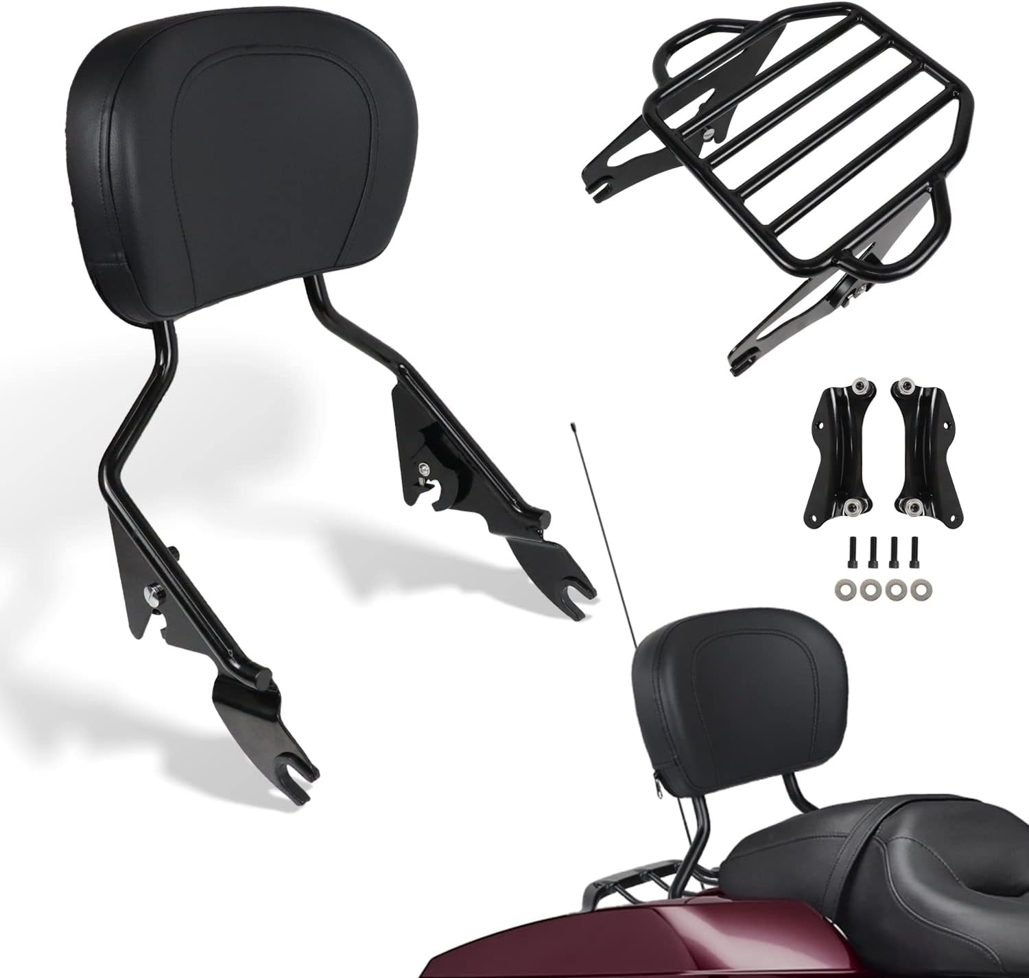 AUFER Detachable Passenger Sissy Bar Backrest with Back Rest Pad 2-Up Luggage Rack 4 Point Docking Hardware Kits Compatible with for Harley Touring Street Road Electra Glide Road King 2014-2025