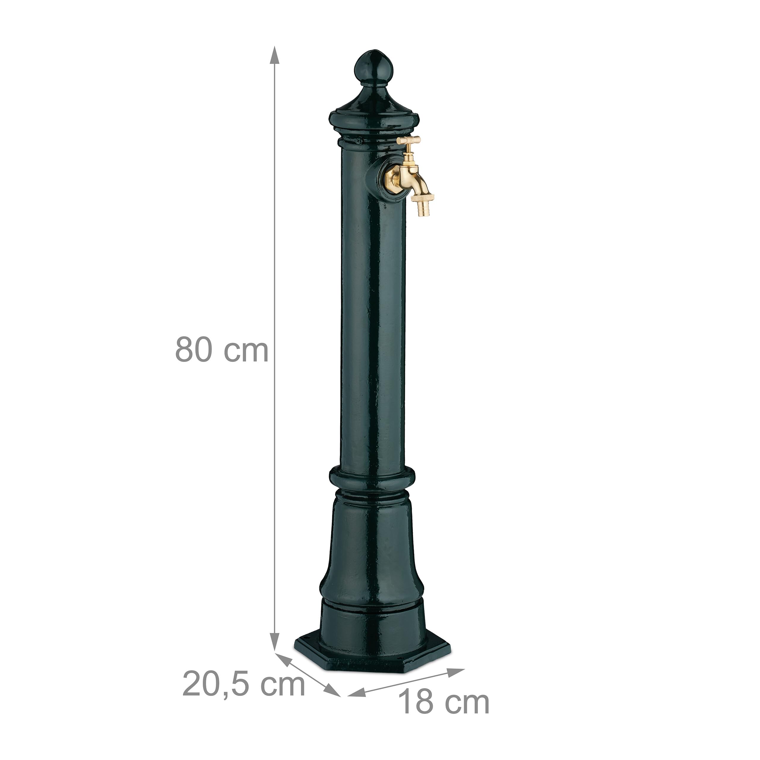 Relaxdays Fontana da Giardino in Stile Antico, Fontanella a Colonna con Rubinetto Acqua, HLP: 80x18x20,5 cm, Verde Scuro