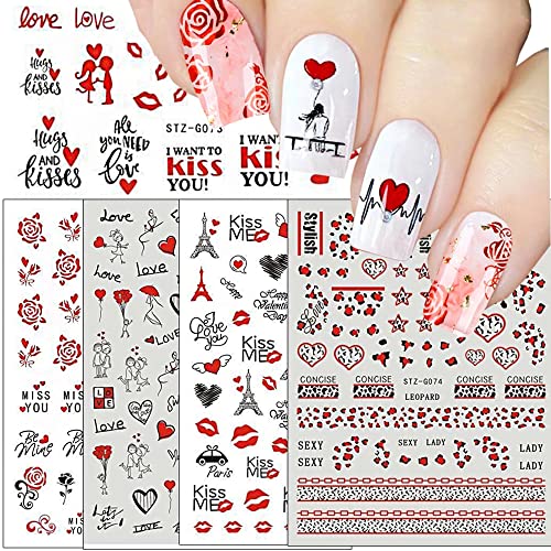 Valentines Day Nail Stickers, 3D Self-Adhesive Metallic Red Valentines Nail Art Decals Rose Kiss Love Angel Heart Eifel Tower Valentine Nail Design DIY Nail Decoration for Women Girls (6Sheets)