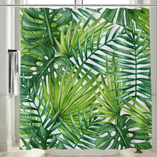 Vgzsyomqib Dark Green Leaves Shower Curtain Wet Room Waterproof Anti Mould Proof Fabric Long 180 x 180 cm Quick Dry Jungle Print Tropical Palm Leaf Bathroom Curtains with Hooks