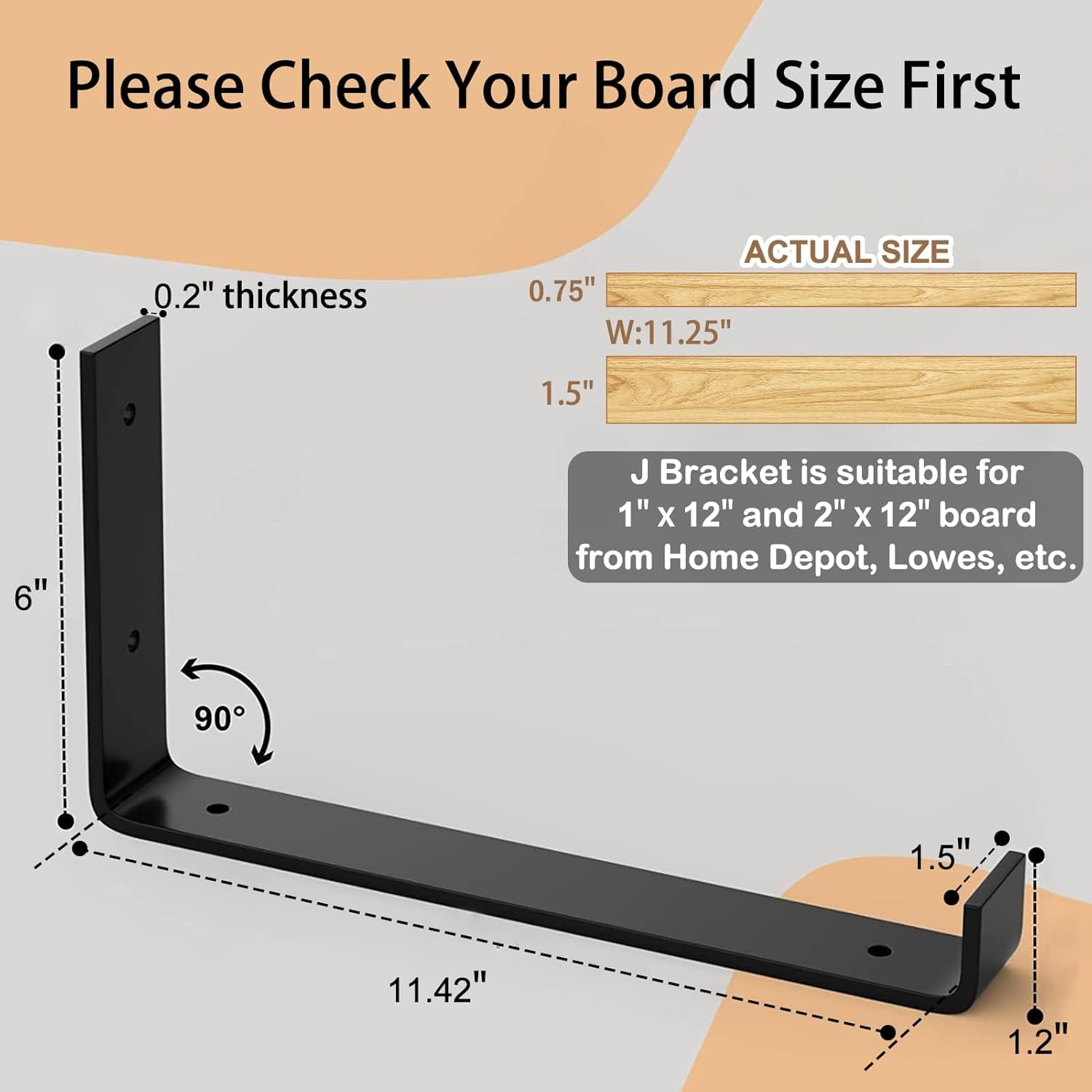 LuckIn 12 Inch Wall Shelf Brackets (Fit 11.25" Board) 6-Pack, Heavy Duty Black Iron, Garage, Kitchen, Laundry Room Floating Shelf Hardware