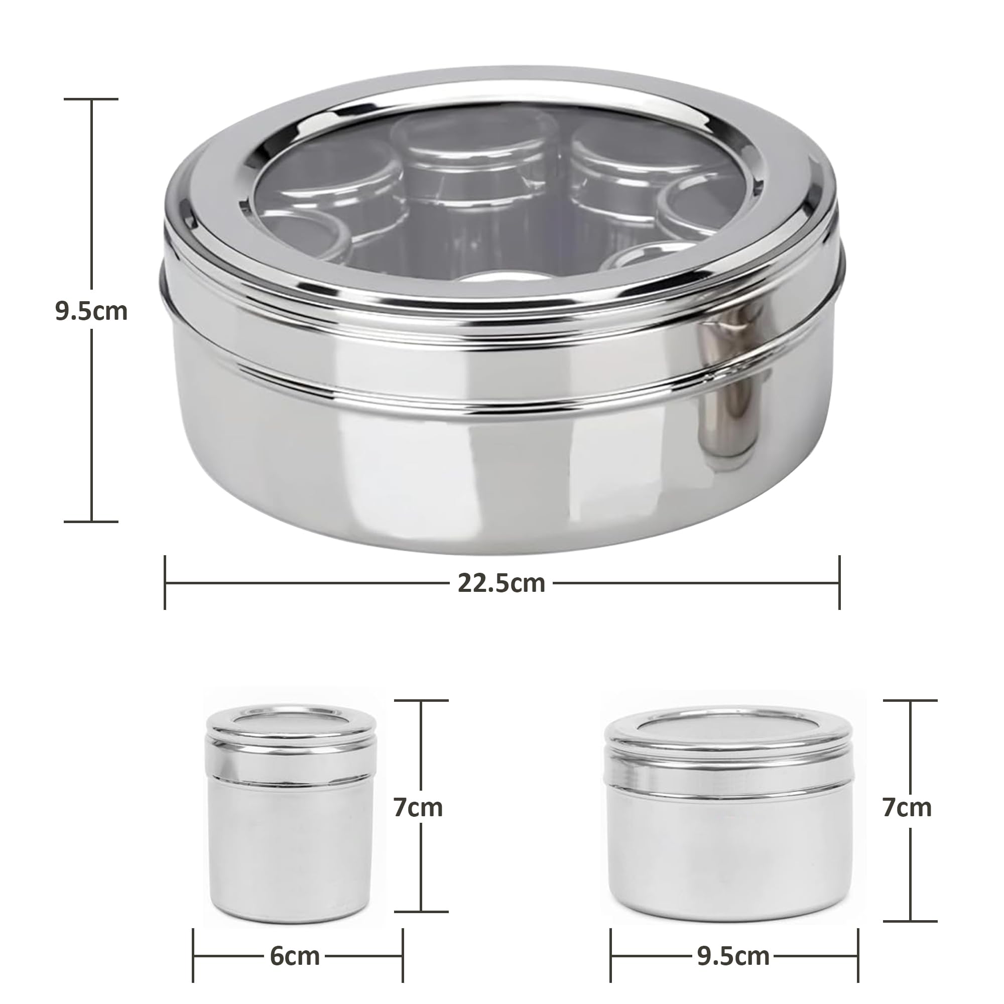 Masala Dabba Boîte à épices indienne Couvercle transpertant 9 compartiments avec couvercles individuels en acier inoxydable de qualité alimentaire avec 2 cuillères de service (22 cm, couvercle