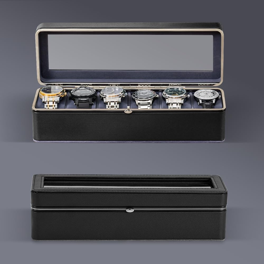 Styleys Caja de reloj de 6 ranuras en piel sintética, organizador de exhibición forrado de terciopelo con tapa de cristal, W-155B, color negro