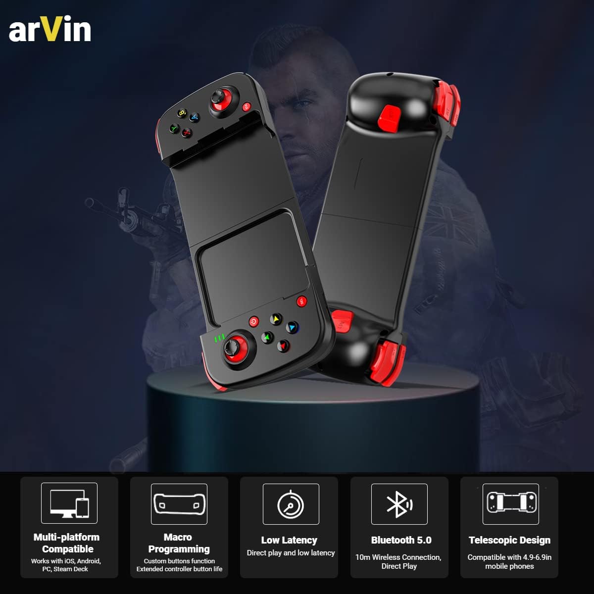 arVin Game Controller for iPhone 14/14 Plus/14 Pro/14 Pro Max/13/12/11, iPad, MacBook, iOS, Android, Samsung, One Plus, TCL, Tablet, PC, Wireless Gamepad Joystick for Call of Duty, Apex -Direct Play