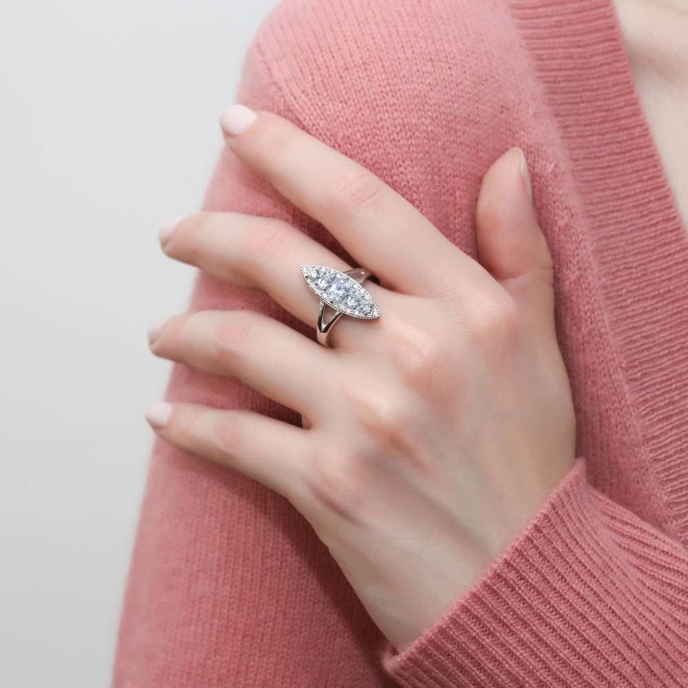 BERRICLE Sterling Silver 5-Stone Cubic Zirconia CZ Statement Navette Cocktail Fashion Split Shank Ring for Women, Rhodium Plated