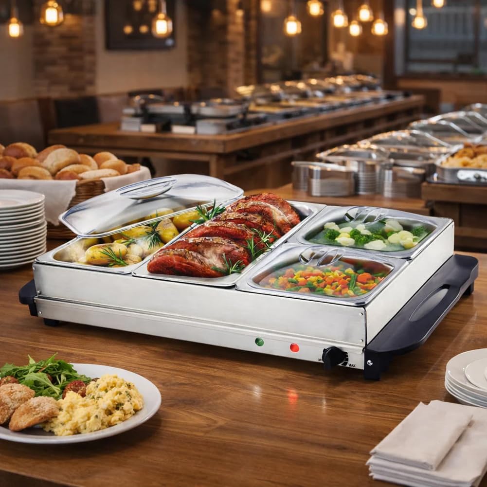 BAKAJI Scaldavivande Elettrico in Acciaio Inox con 4 Cestelli, Scalda Cibo Alimenti Hotel, Casa, Ristorante, Buffet, Temperatura Regolabile 45°-75°, Facile da Pulire, Sistema Riscaldamento Bagnomaria