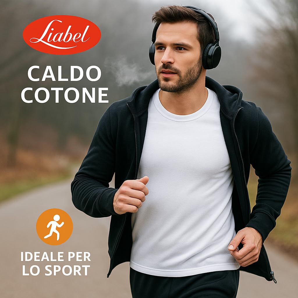 Set 3-6 Maglia Termica Uomo Liabel, Made in Italy - 100% Caldo Cotone Interlock - Intimo Invernale Morbido e Traspirante - Maglie a Manica Corta in Thermocotton Bianco o Nero, 3 o 6 Pezzi