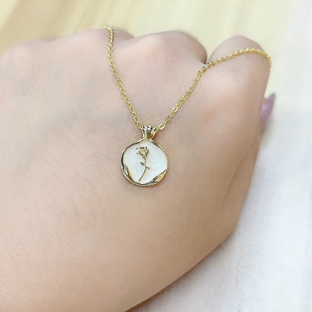 Round Rose Flower Pendant Necklace for Women 925 Sterling Silver Shell Pearl Embossed Link Chain Adjustable Birthday Wedding Anniversary Jewelry for Mother Daughter 18 Inch - Image 6