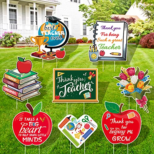 Arosche Teacher Appreciation Yard Signs 8 Pcs with Stakes Teacher Appreciation Decorations Outdoor Party Supplies Thank You Teacher Apples Heart Decor for Indoor Outdoor Lawn Garden Home Decorations
