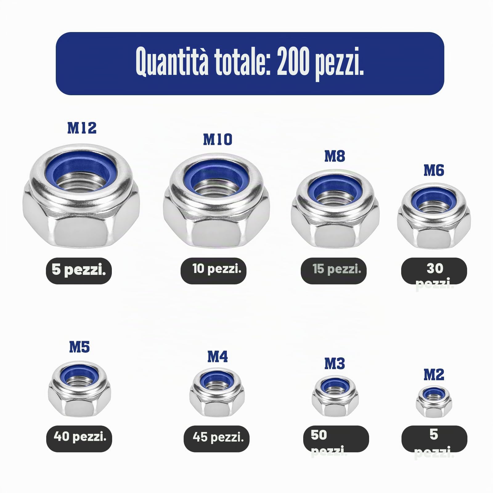 200 pezzi dadi autobloccanti, dadi di bloccaggio in acciaio inox A2-70, set di 8 dadi di dimensione: M2, M3, M4, M5, M6, M8, M10, M12.