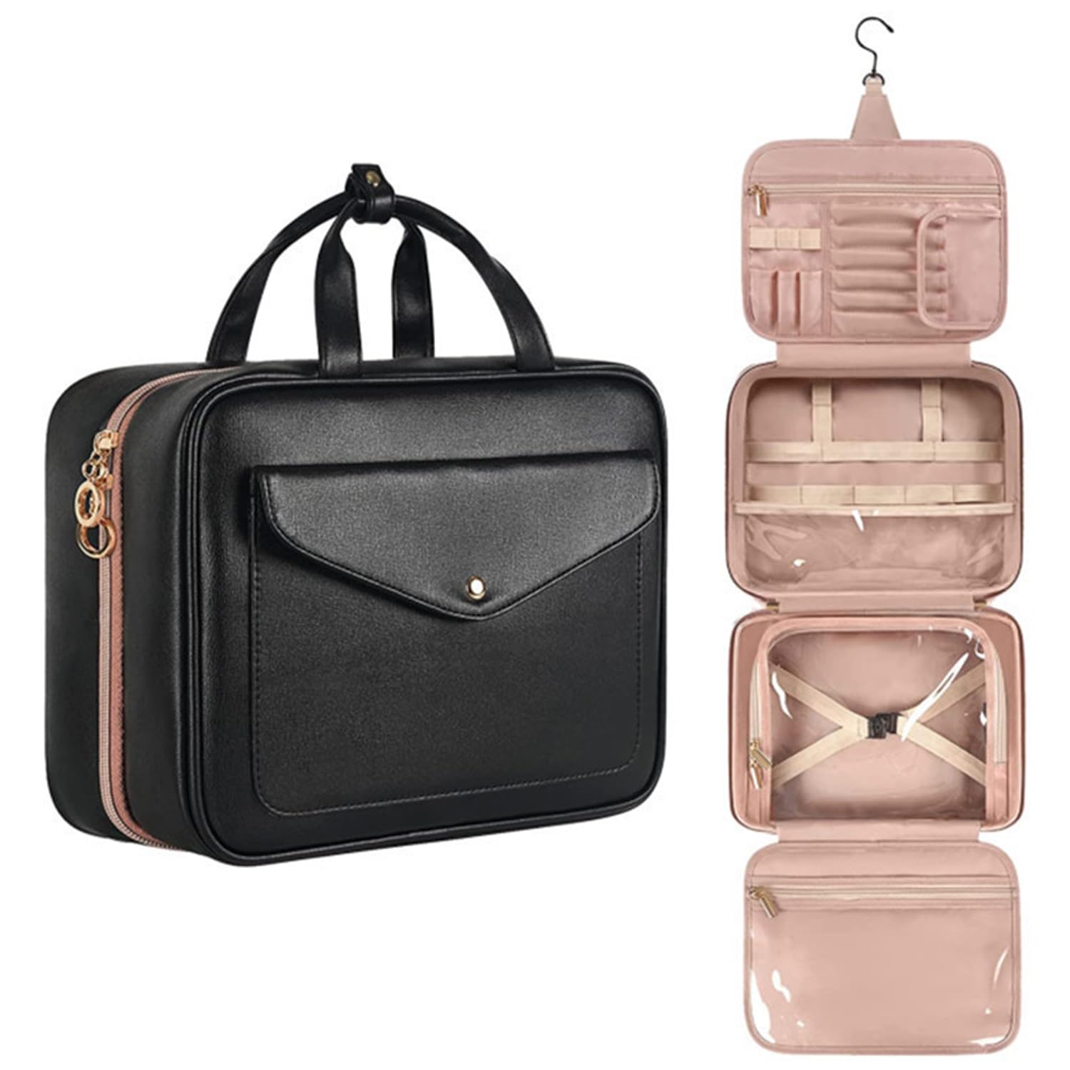 EPEDICPortable cosmetic bag waterproof folding dry and wet separation large-capacity storage bag fashion PU multifunctional portable storage bag travel washing bag (black)