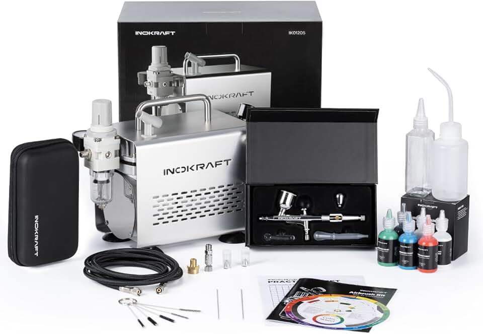 InoKraft Kit de aerógrafo com compressor de ar - Compressor de ar silencioso de 1/6 HP, aerógrafo por gravidade com 3 pontas 0,2, 0,3 e 0,5 mm - Mangueira, suporte, guia de instruções - Conjunto de