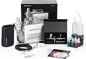 InoKraft Airbrush Kit with Air Compressor- 1/6 HP Quiet Air Compressor, Gravity Airbrush with 3 Tips 0.2, 0.3 & 0.5 mm- Hose, Holder, How-To Guide- Airbrush Paint Set for Model Painting gift 4 Colors