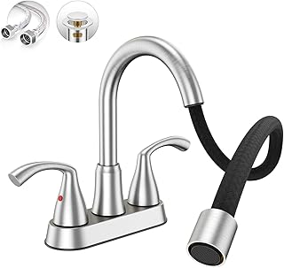 Phiestina 4 Inch Brushed Nickel Rotatable Centerset Bathroom Sink Faucet with Pull-Out Sprayer, Metal