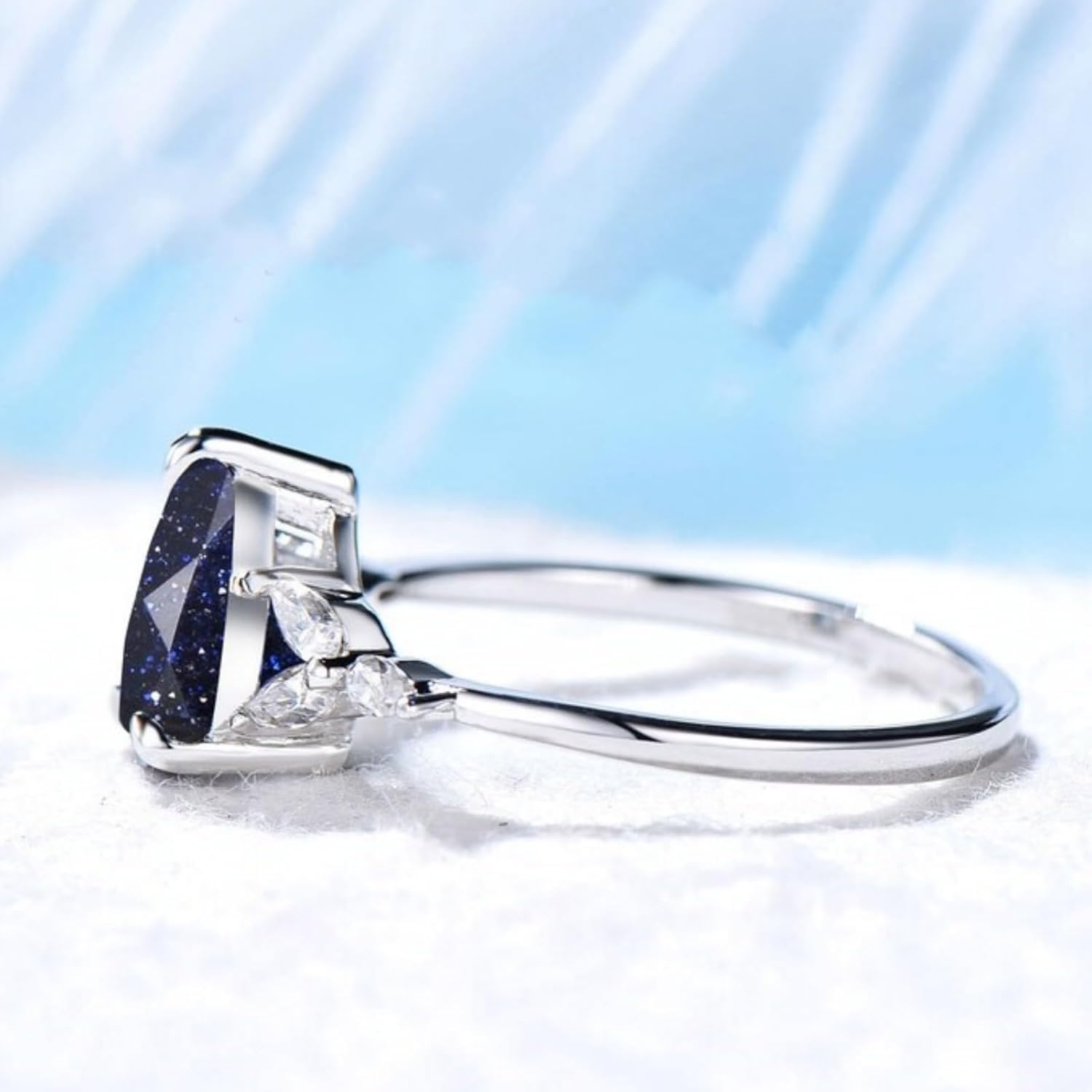 Galaxy Blue Sandstone Ring 925 Sterling Silver 10K 14K 18K Vintage Blue Sandstone Engagement Rings Blue Sandstone Jewelry for Women