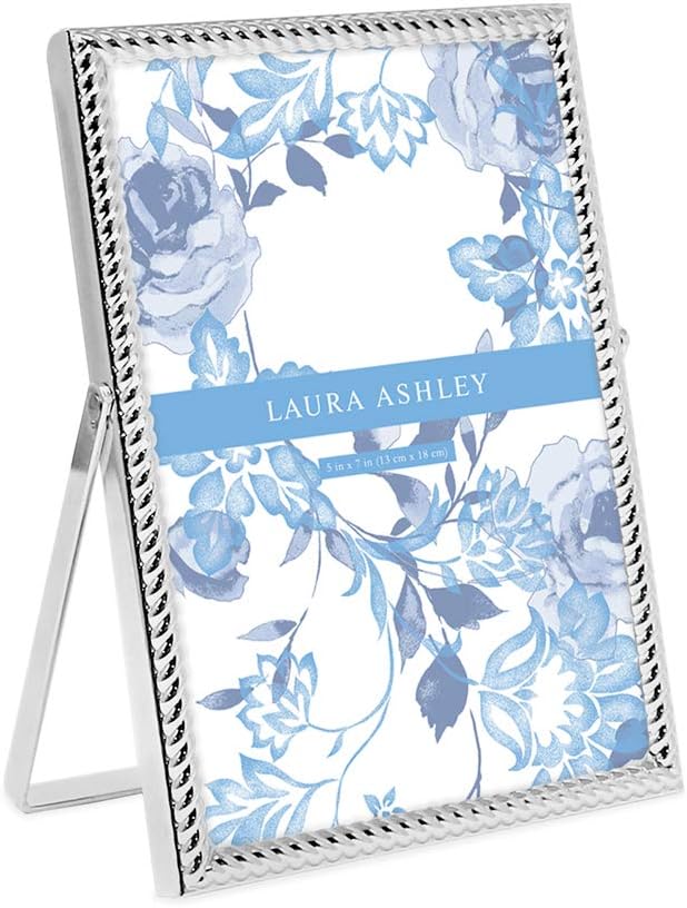 Laura Ashley 8x10 Silver Rope Metal Picture Frame (Vertical) with Pull-Out Easel Stand, Made for Tabletop, Counterspace, Shelf and Desk
